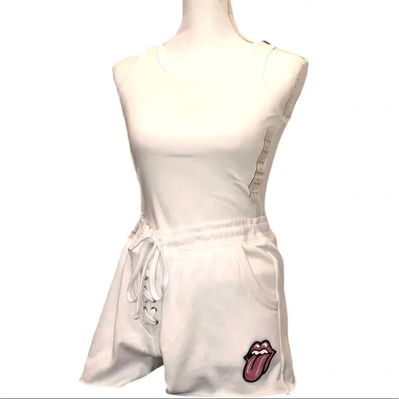 Lace Up Sweatshorts W/ Pink Rolling Stones Logo Patch - Picture 3 of 5